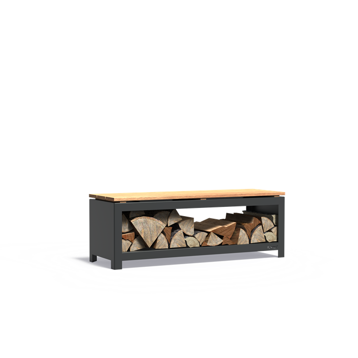 Schwarzlackierte Bank mit Holzgestell