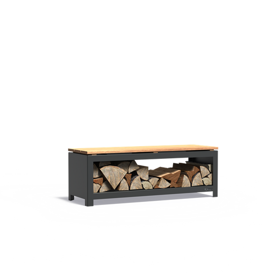 Schwarzlackierte Bank mit Holzgestell