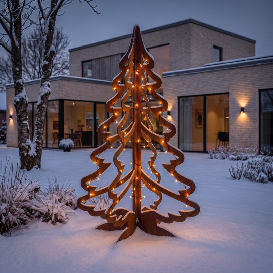 Großer Weihnachtsbaum aus Cortenstahl mit Lichterkette im verschneiten Garten vor einem modernen Haus am Abend.