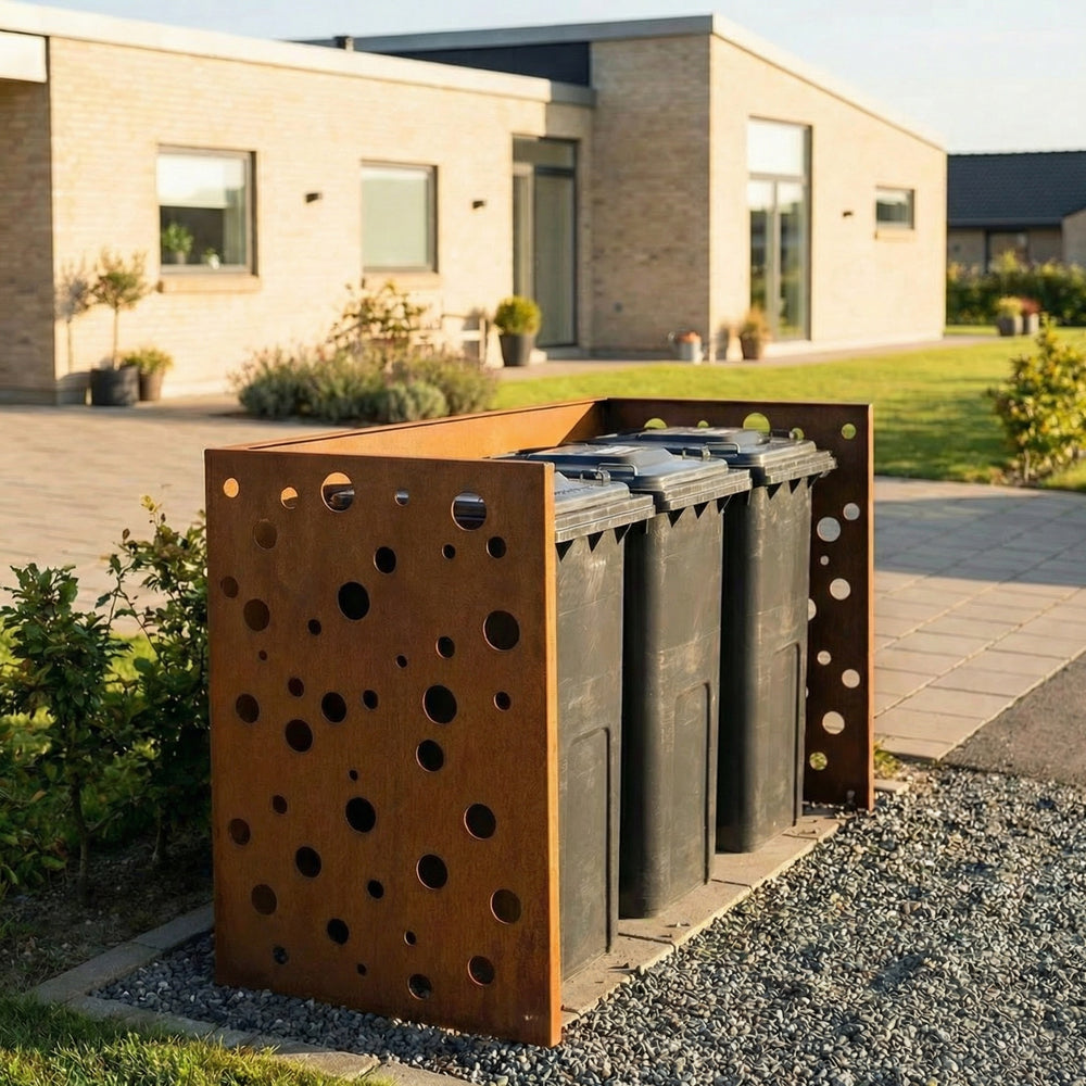Mülltonnenverkleidung aus Cortenstahl - gelöchertes Modell