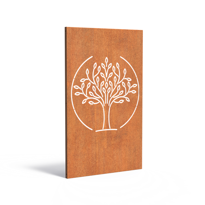 Cortenstahlzaun mit Ausschnitt: Holz mit Kreis