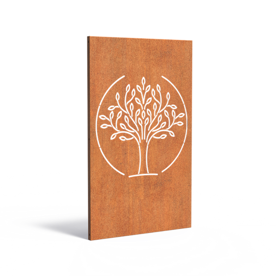 Cortenstahlzaun mit Ausschnitt: Holz mit Kreis